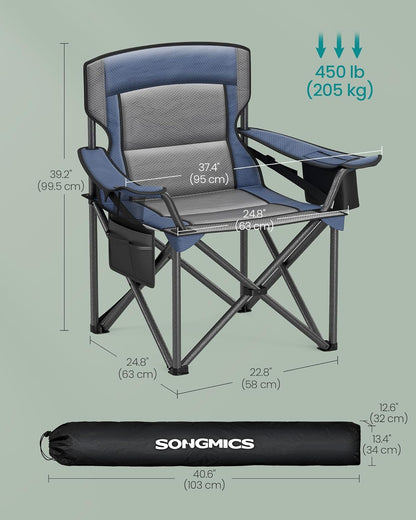 SONGMICS Oversized Lumbar Support Camping Chair, Heavy-Duty Outdoor Folding Chair Comfortable, Padded, Glamping, Cooler Bag, Weight Capacity 450 lb, Harbor Blue UGCB066Q01