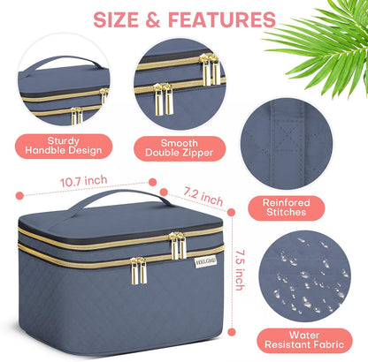 Large Makeup Bag with Mirror Double Layer Travel Make Up Organizer Case, Large Capacity Coemetic with Brush Slot Divider, Travel Toiletry Bag for Women (Aegean Blue)