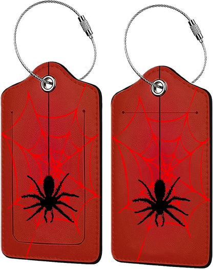Spider Web 2-Pcs Premium Leather Tags with Privacy Covers,Luggage Tag Stainless Steel Loops Ideal for Suitcases, Travel Bags, Backpacks