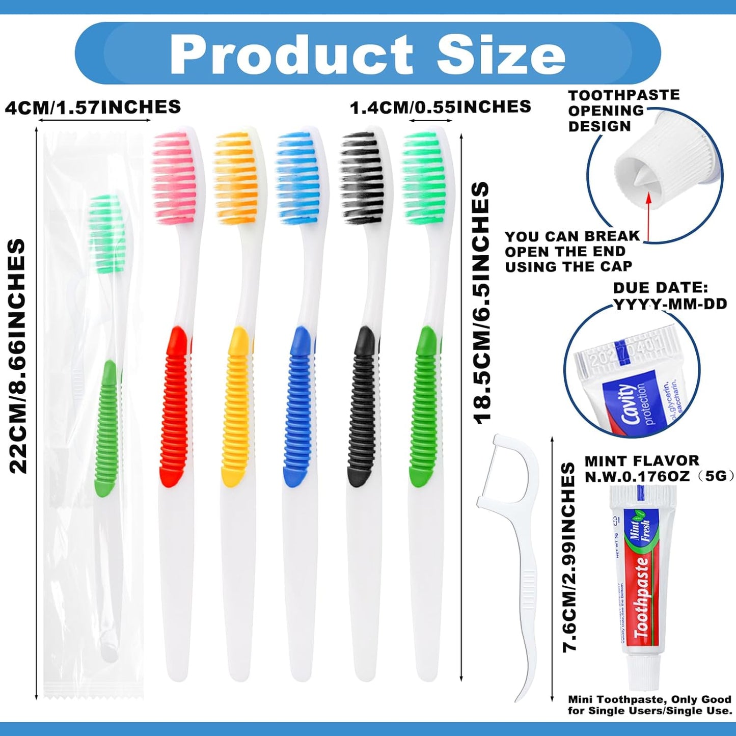 Disposable Toothbrushes with Toothpaste and Floss,50pcs Single Use Individually Wrapped Disposable Travel Toothbrushes and Dental Floss Kit Bulk for Homeless,Airbnb,Dentist,Hotel(5 Colors)