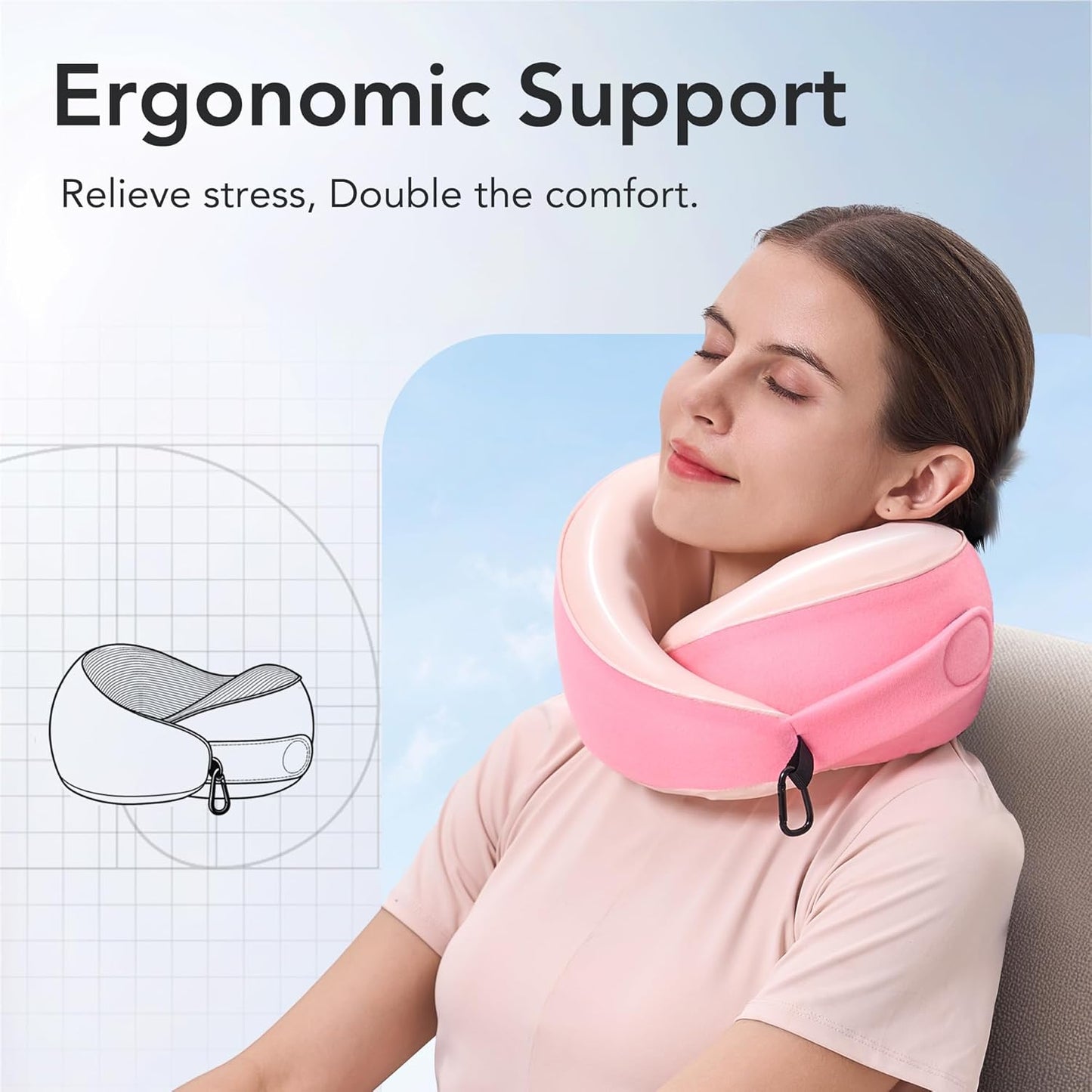 Travel Pillow, 100% Pure Memory Foam Travel Neck Pillow Airplane Neck Support Ergonomic Design for Traveling Suitable for Airplanes,Offices and Cars-Cooling Silk Pink