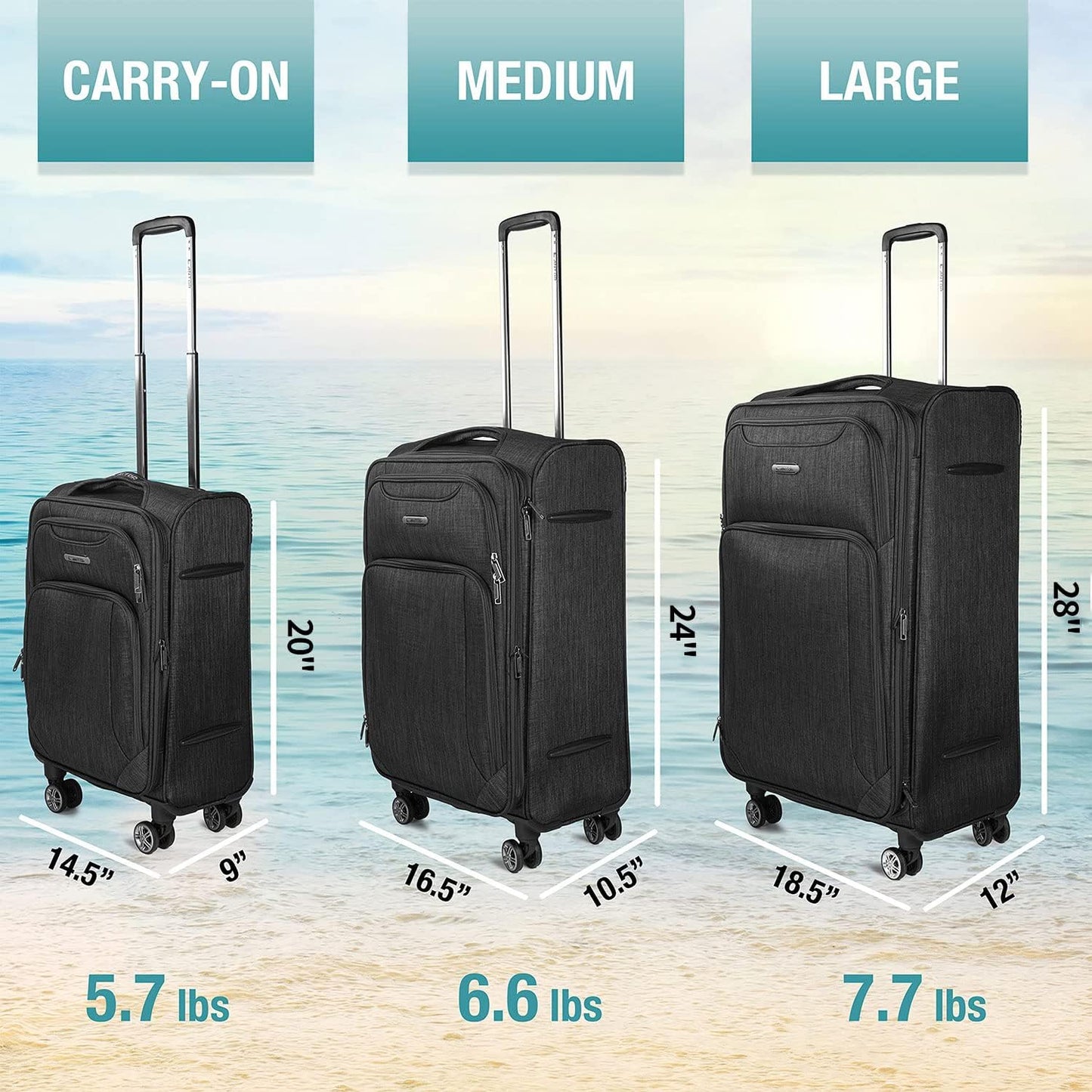 Cantor Ultra Lightweight Softside Luggage with Spinner Wheels, Set of 3, Expandable Suitcase with Retractable Handle and ID Tag, and Interlocking Zippers with TSA Lock