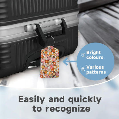 2 Pack Luggage Tag for Suitcase,Vintage Groovy Flowers Leather Suitcase Tags Identifiers with Privacy Name Address Labels and Durable Steel Loop for Women Men Travel