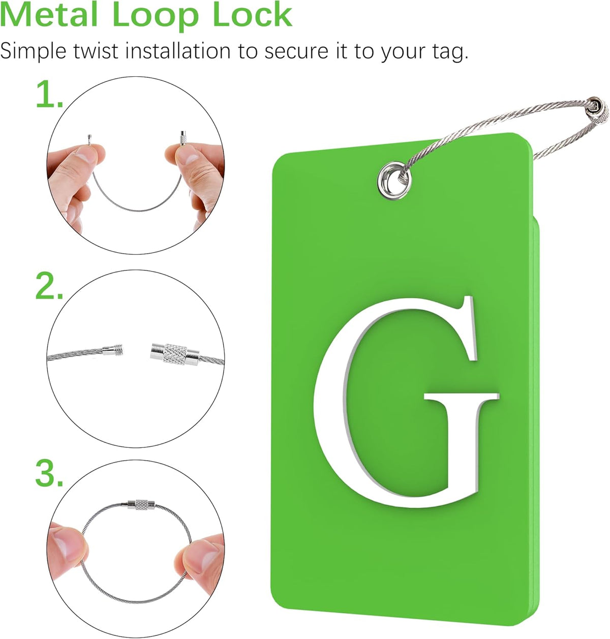 Gostwo 2 Pack Luggage Tags for Suitcases, 26 Initial Letter Travel Luggage Baggage Identification Labels ID Tag Fully Bendable Tags with Stainless Steel Loop (Green) (Letter G)