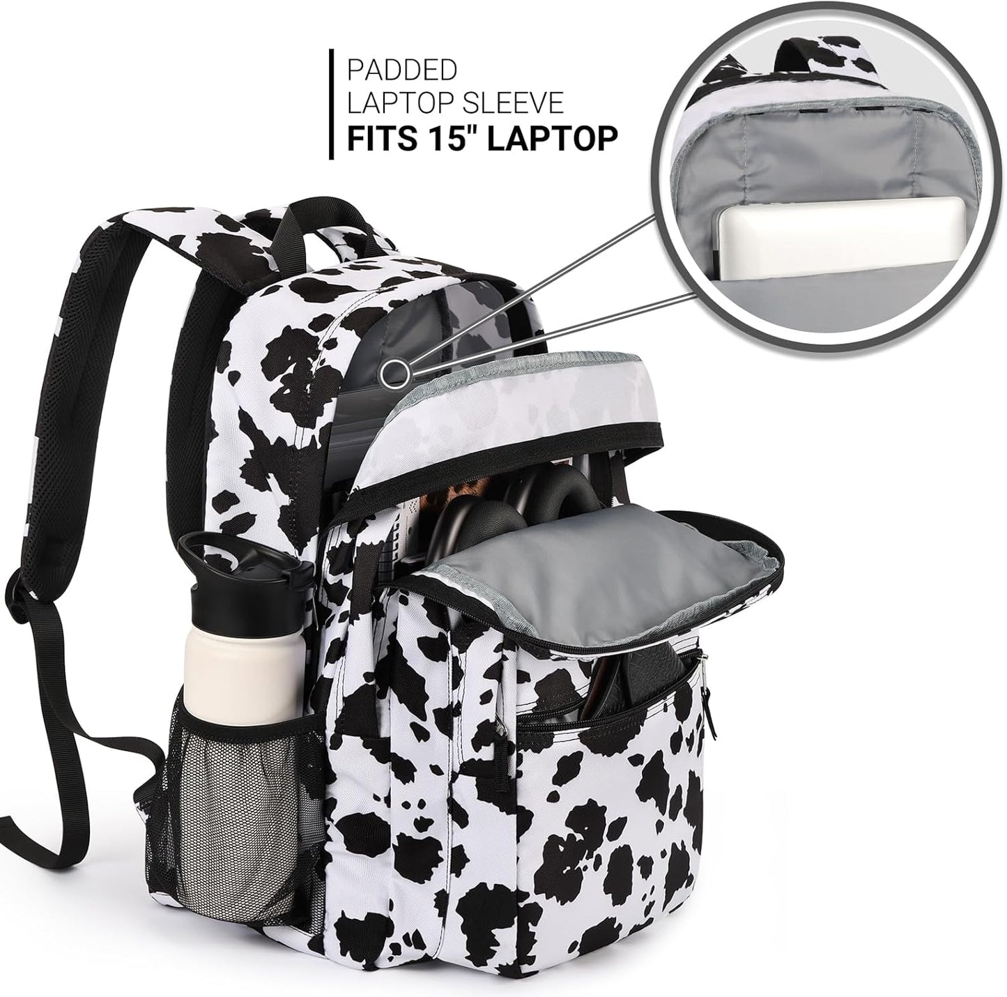 ZORFIN 26L Backpack for College, and Travel: Water Resistant Bookbag - Cow Print Black