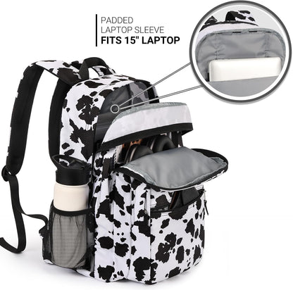 ZORFIN 26L Backpack for College, and Travel: Water Resistant Bookbag - Cow Print Black