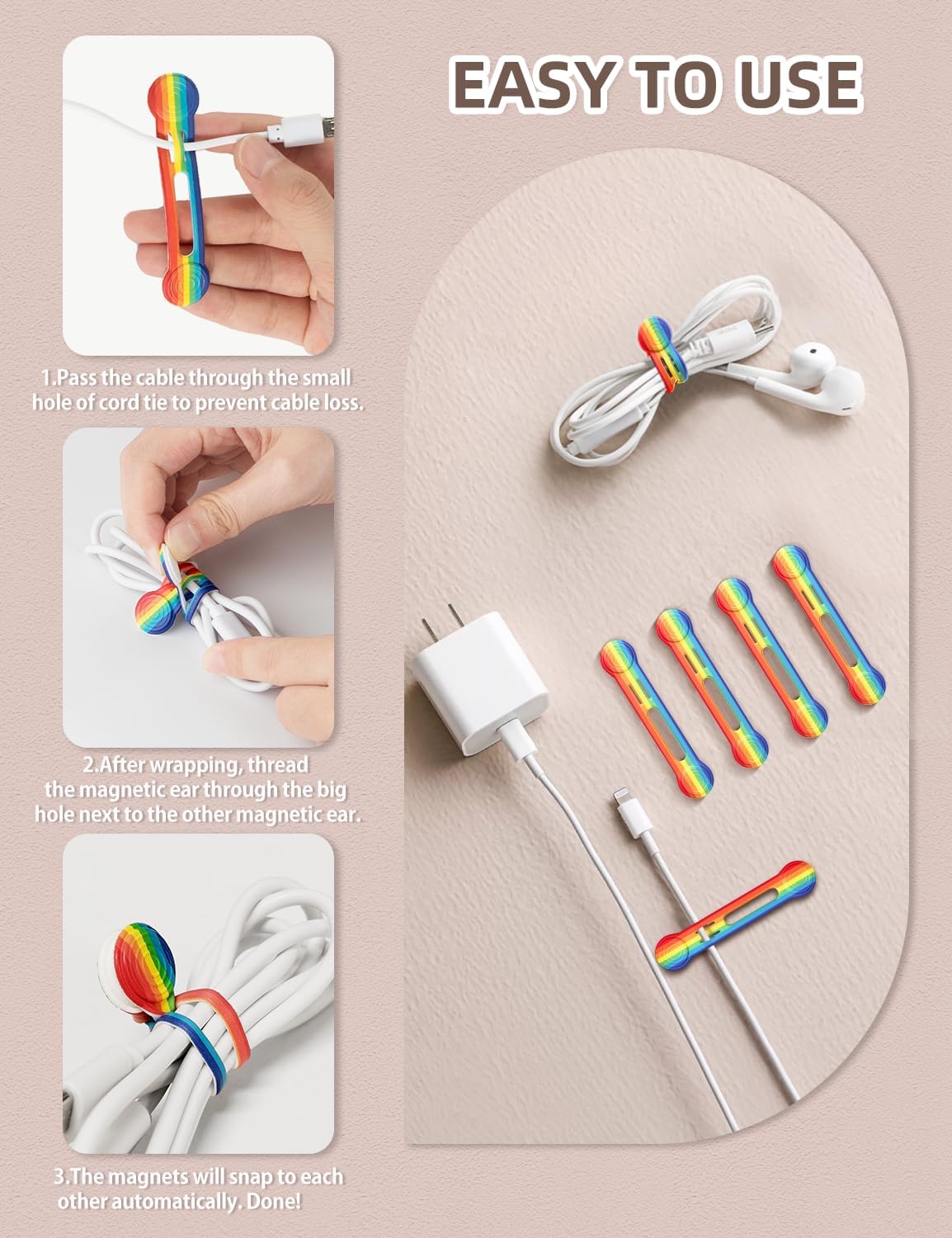 Kanemc 8 Pack Magnet Clips Cord Organizer, Rainbow Colored Reusable Cable Ties Silicone Wire Winder Straps For Travel Charging Cell Phone Cords Storage Whiteboard Markers Refrigerator Magnet