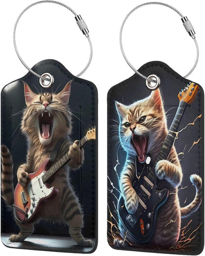 2 Pack Luggage Tags for suitcases Guitar Funny Cute cat Luggage Tag, Leather Stainless Steel Loop Label Tag for Men Women Travel Bag Suitcase(Guitar cat)