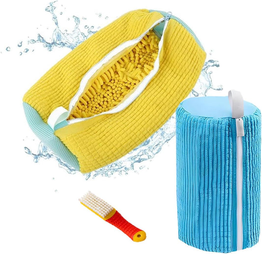 Shoe Washing Machine Bag 2PCS，Laundry Shoe Bag For Washer And Dryer，Reusable Shoe Cleaning Bag for All Shoe Types And Sizes，360°Wrap-around Shoe Washing Bag with One Shoe Brush(Yellow & Blue)