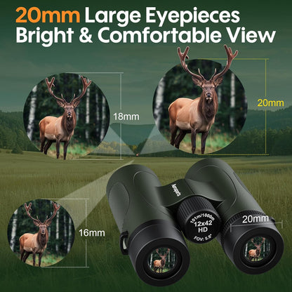 12x42 Binoculars for Adults High Powered: Waterproof HD Bird Binoculars - Large View Easy Focus with Clear Low Light Vision for Hunting Hiking Bird Watching Travel Cruise Green