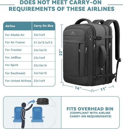 60L Extra Large Travel Laptop Backpack,3XL Expandable Carry On Backpack for Men, Big Capacity Heavy Duty Business Suitcase Daypack Bag Fits 18.4-19 Inch Laptops, Travel Gifts for Men Women, Black