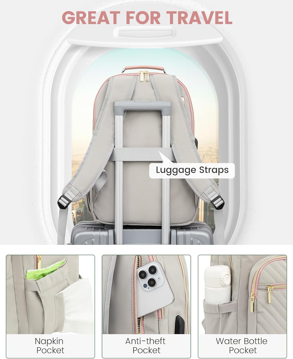 LOVEVOOK Laptop Backpack for Women, Travel Computer Work Bags with 17-inch Laptop Compartment, College School Student Bag Teen Backpacks For Girls, Outdoor Carry On Backpack Purse, Grey Pink