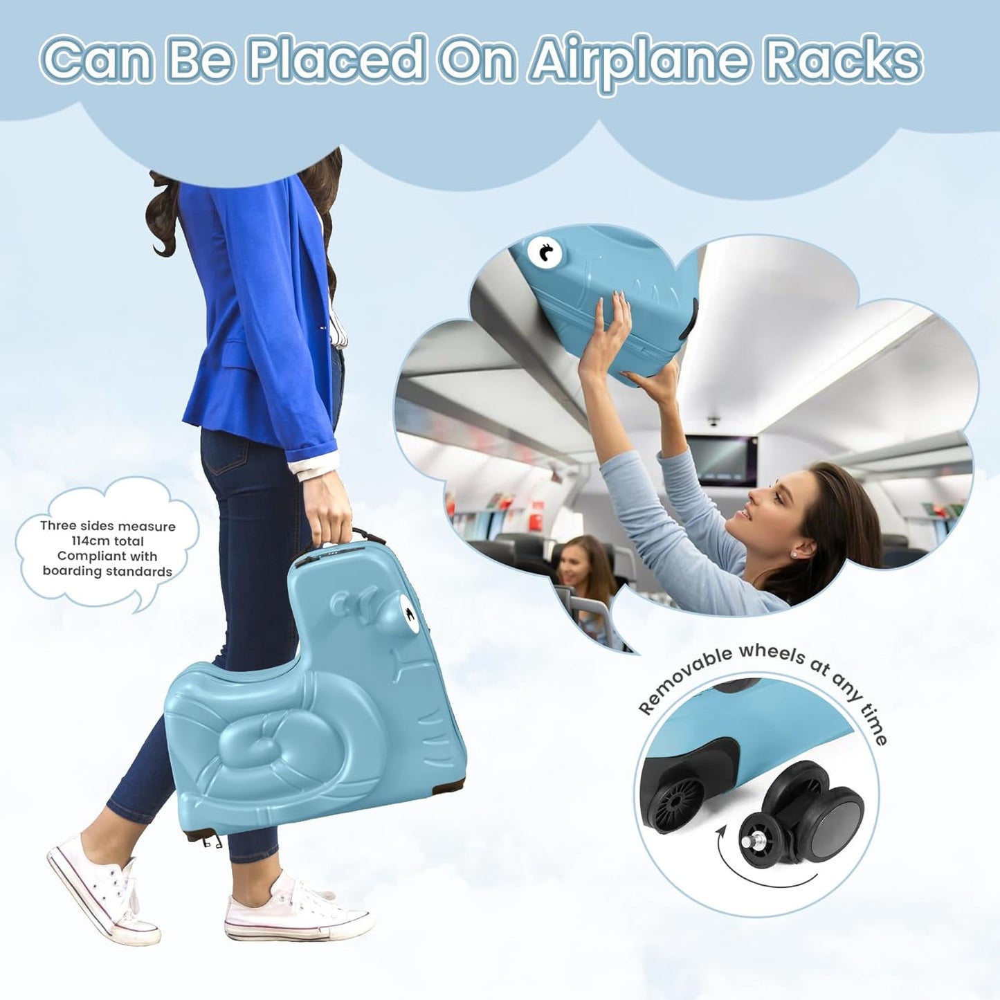 Kids Luggage, Kids Ride-on Luggage with Spinner Wheels Suitcase, Kid's Ride-On Suitcase Help Your Child Relax, Carry On Trolley Luggage with Password Lock (Blue, 19 inches), QX-20