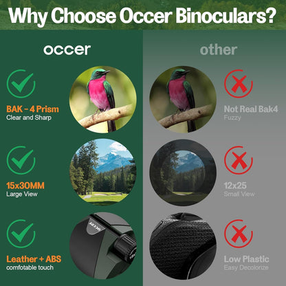 15x30 Compact Binoculars for Adults and Kids - Occer Large View High Powered Binoculars for Bird Watching - Lightweight Easy Focus Binocs with Low Light Vision for Hunting Cruise Ship Travel