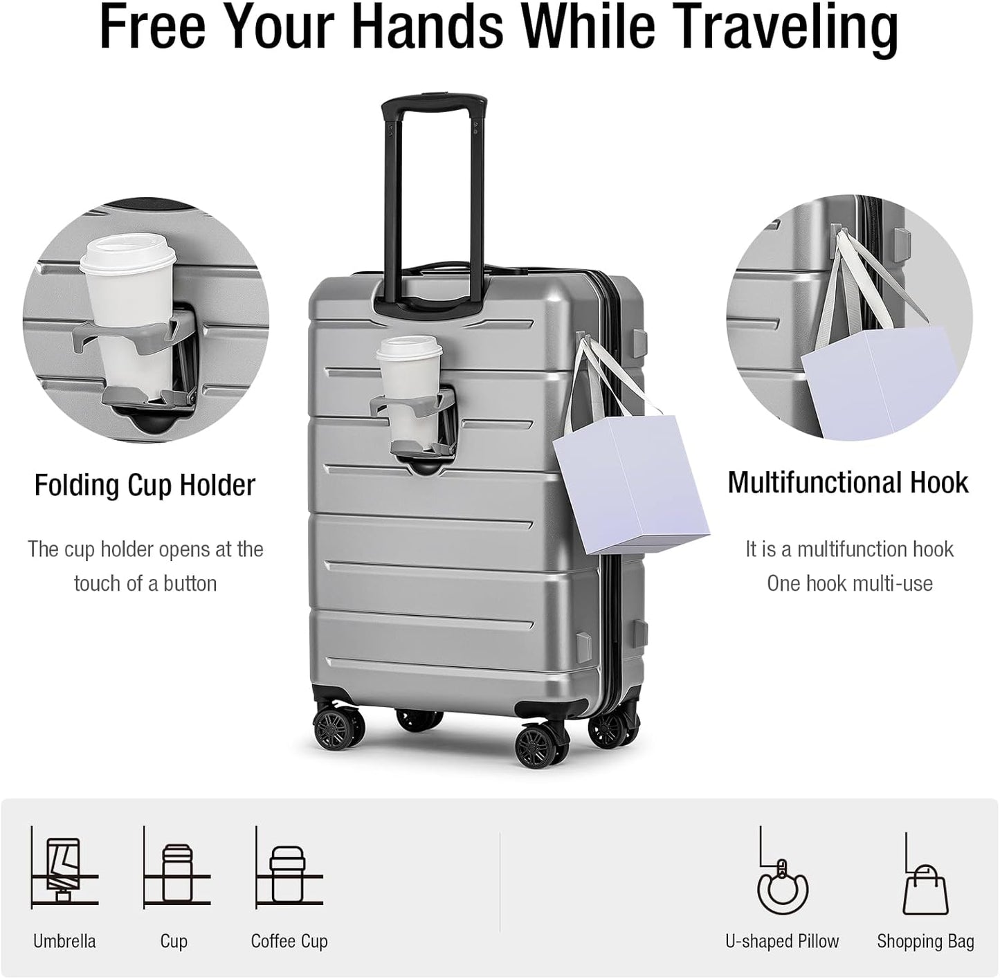 KYME Suitcases with Wheels Hardshell 26 Inch Luggage with TSA Lock Durable Medium Checked Travel Rolling Luggage with Cup Holder for Women Men Silver Grey