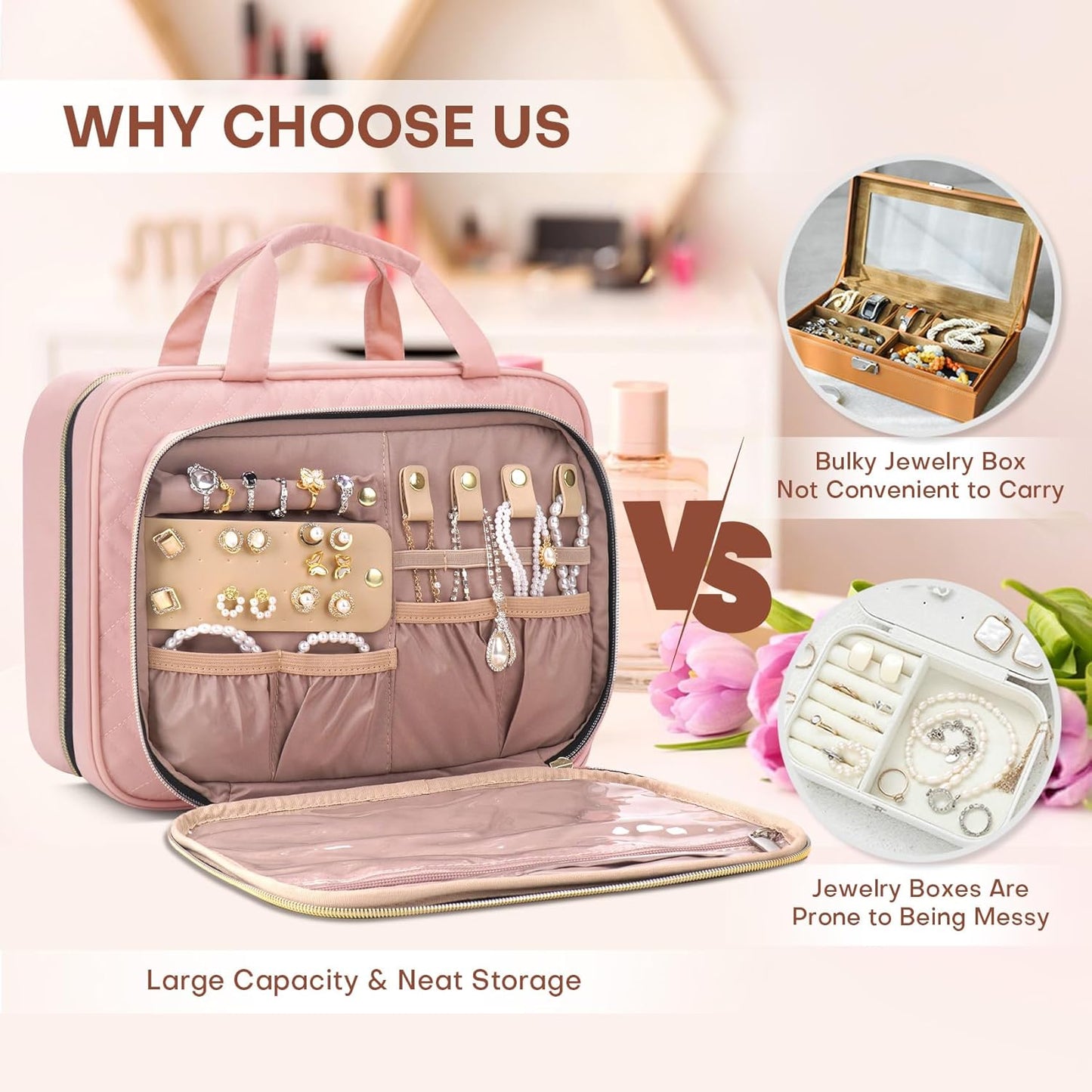 8L Travel Toiletry Bag with Jewelry Organizer for Women - 2.1 GAL Water-resistant Makeup Cosmetic Bag With Hanging Hook for Accessories Shampoo Full-size Container, Pink