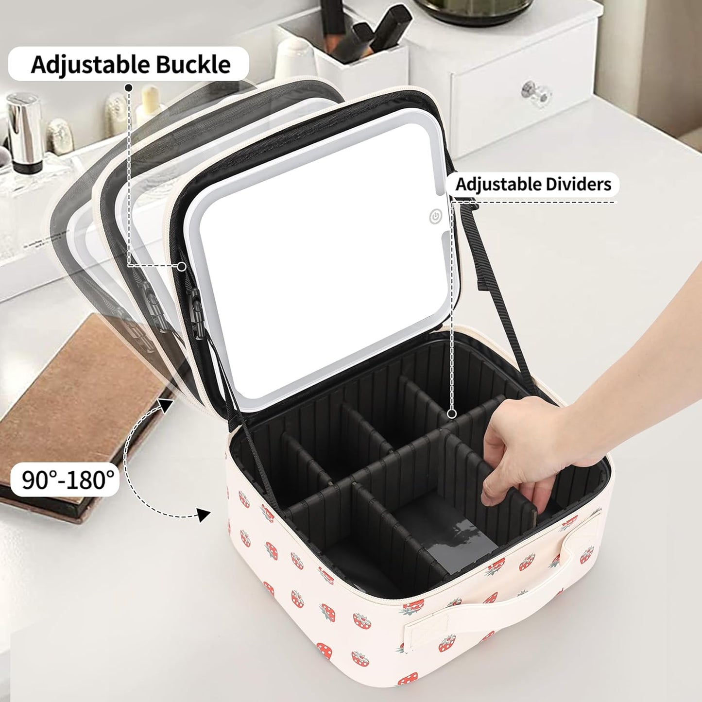 Makeup Bag With LED Mirror, Travel Makeup Case with Light up Mirror Fashion Cute Cosmetic Bag with 3 Color Lighted Portable Organizer Case with Adjustable Dividers （Strawberry/Beige,Small）