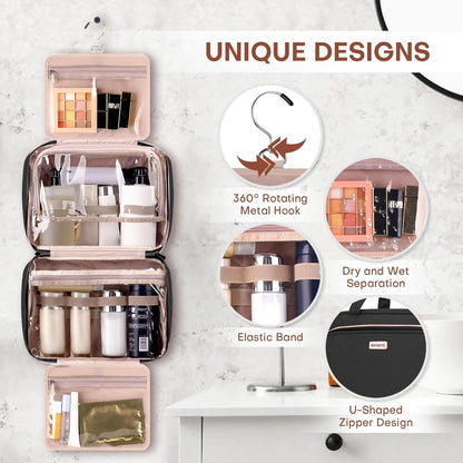 8L Travel Toiletry Bag with Jewelry Organizer for Women - 2.1 GAL Water-resistant Makeup Cosmetic Bag With Hanging Hook for Accessories Shampoo Full-size Container, Black