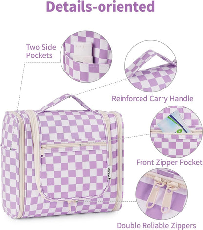 Narwey Checked Hanging Travel Toiletry Bag for Women, Travel Bag for Toiletries, Makeup Bag Organizer Cosmetic Bags Make Up Bags for Women (Purple Checkerboard)