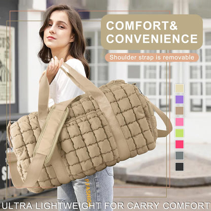 Quilted Travel Duffle Bag Gym Bag for Women,Large Puffer Duffle Weekender Bag with Compartment,Workout Overnight Carry on Organizer Bag Duffle Bag for Airplane Travel(L-Khaki)