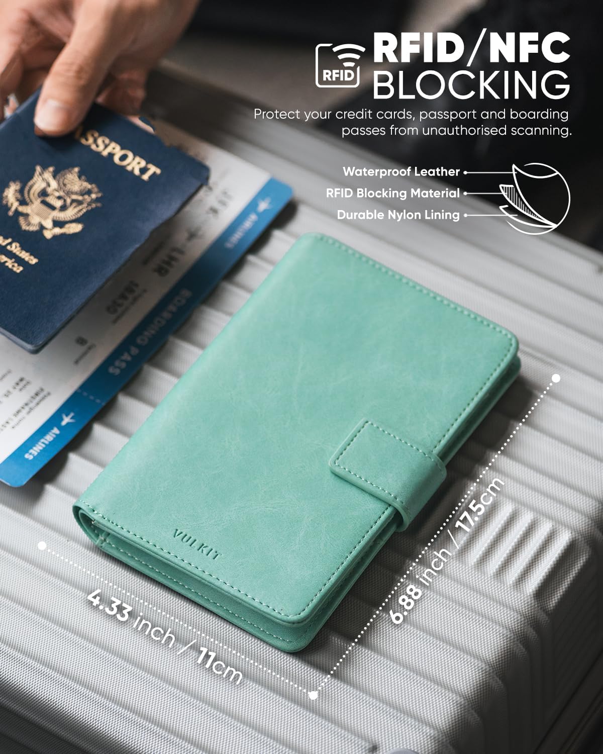 VULKIT Passport Holder with Airtag Holder RFID Blocking Passport Wallet Travel Leather Passport for Women(Mint Green)
