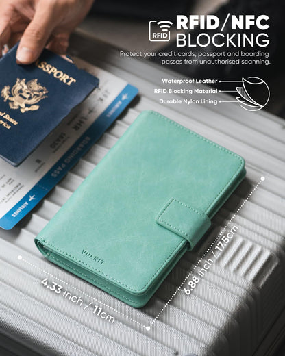 VULKIT Passport Holder with Airtag Holder RFID Blocking Passport Wallet Travel Leather Passport for Women(Mint Green)