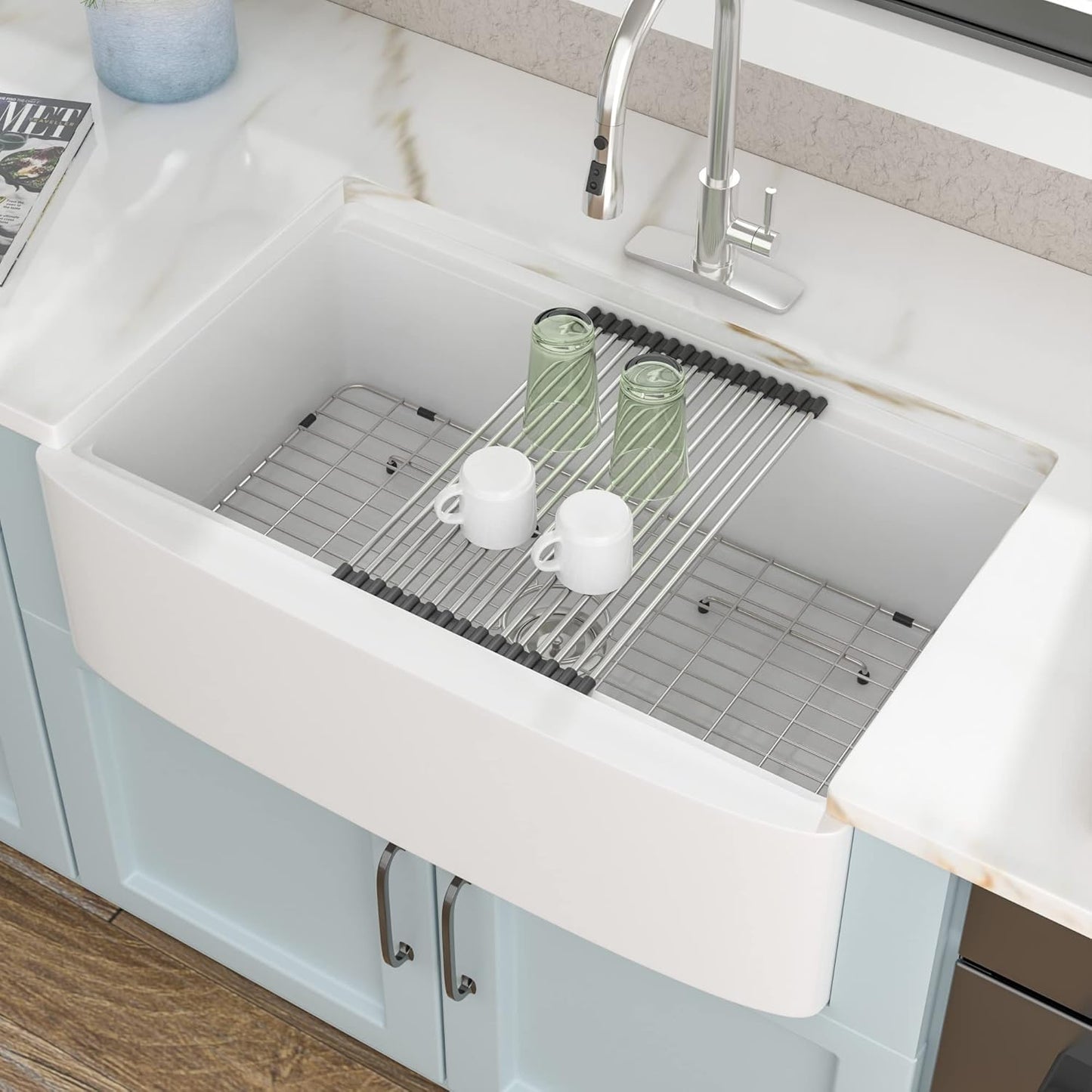 33 White Farm Sink Workstation - Fulorni 33"x21" Apron Front Farmhouse Sink Workstation with Slide Ledge White Ceramic Porcelain Fireclay Single Bowl Farmer Kitchen Sink Basin