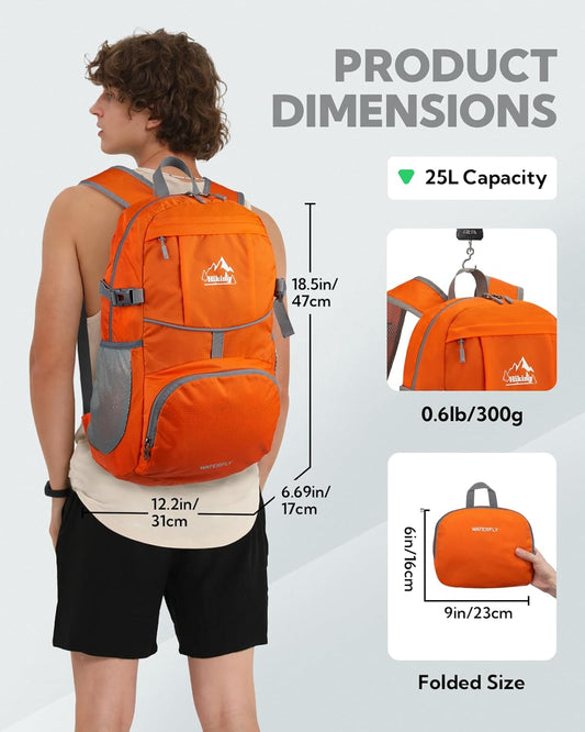WATERFLY Hiking Foldable Daypack Backpack: 25L Ultra Lightweight Packable Waterproof Outdoor Travel Day Pack for Woman Man