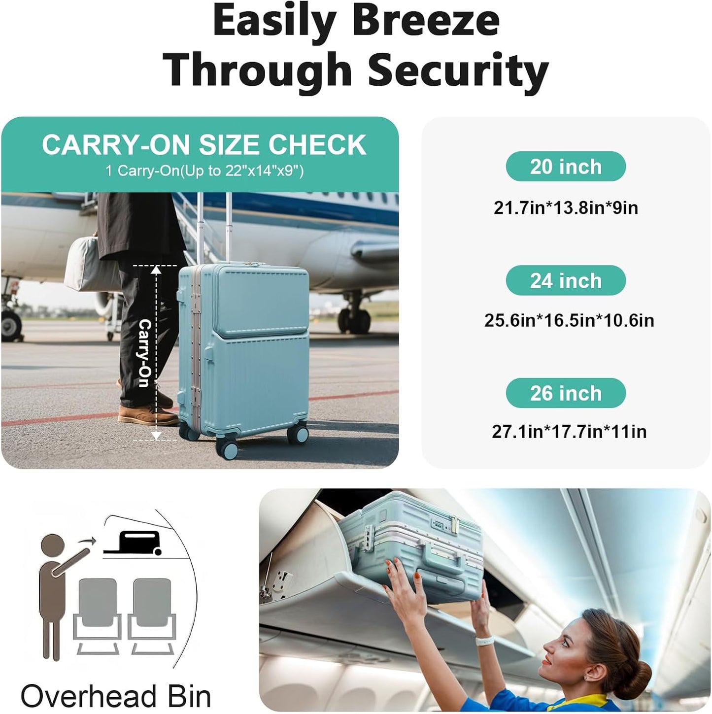 Hard Shell Luggage 20 Inch Travel Luggage, Carry-On Luggage Spinner TSA with Lid, PC+ABS Aluminum Frame，Lightweight Travel Luggage 20'' 24'' 26''Carry-On (upgraded blue, 24 inch)