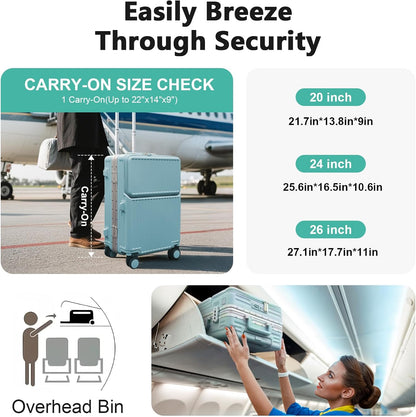 Hard Shell Luggage 20 Inch Travel Luggage, Carry-On Luggage Spinner TSA with Lid, PC+ABS Aluminum Frame，Lightweight Travel Luggage 20'' 24'' 26''Carry-On (upgraded blue, 24 inch)