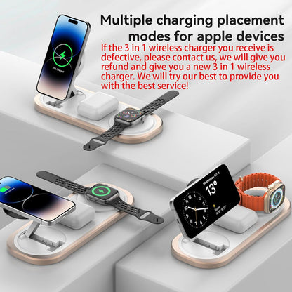 3 in 1 Fast Wireless Charger Stand for iPhone, Foldable Travel Charging Station for Magsafe for iPhone 17/Air/16/15/14/13/12 Series, Apple Watch Series, AirPods pro/2/3/4, Gifts for Women Men (Golden)