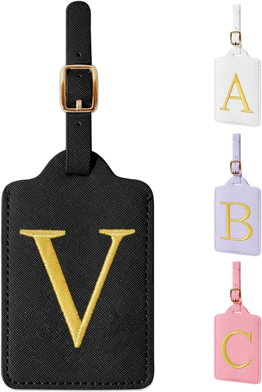 Personalized Initial Luggage Tags for Suitcase TSA Approved, Black Leather Cute Luggage Tag with Privacy Cover Name Card, Embroidered Custom Luggage Tags Travel Backpack Tags Gifts for Women Kids(V)