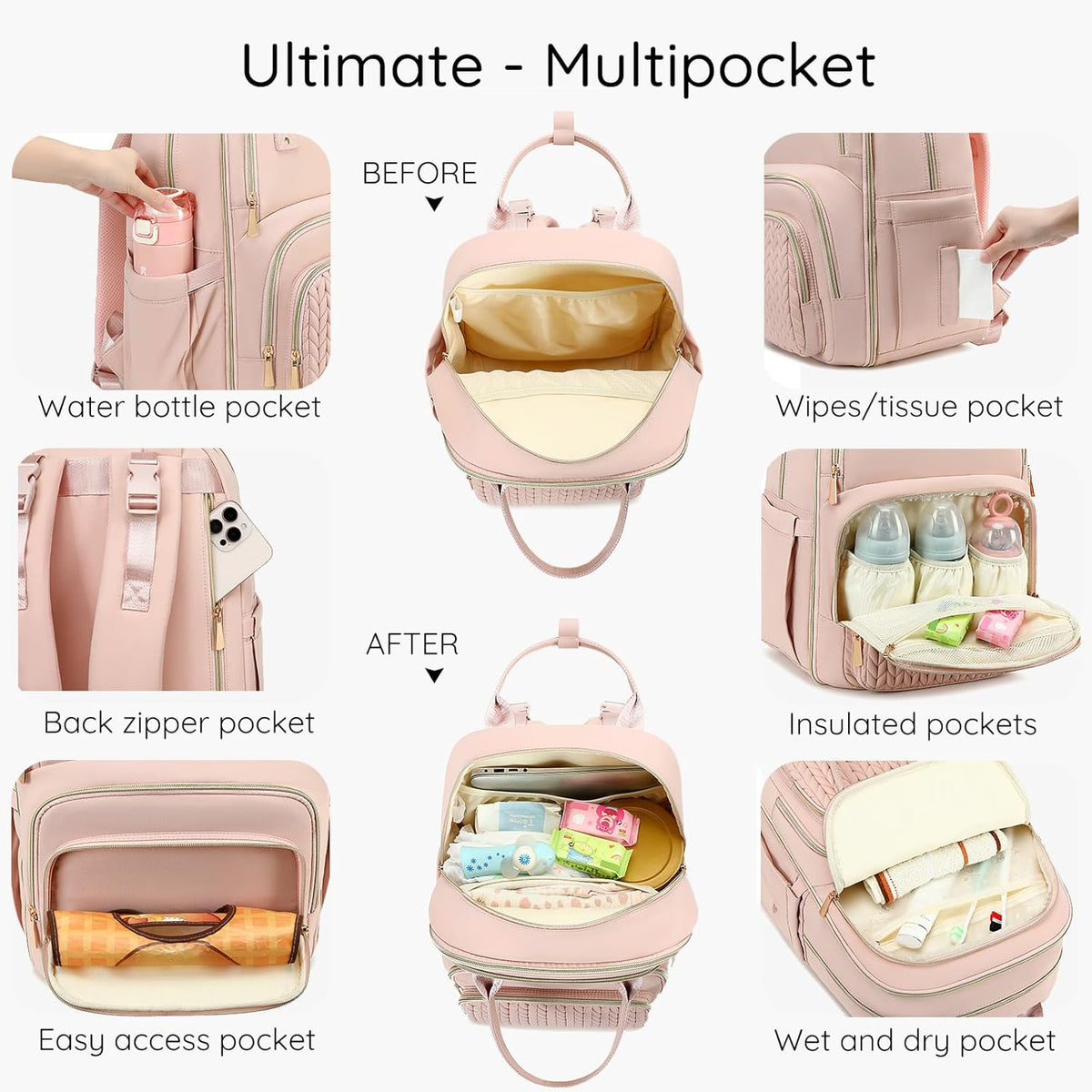 Diaper Bag Backpack - Large Multi functional, Boys, Girls & Baby Travel Essentials Tote with Changing Pad, Insulated Pockets, Stroller Straps, Waterproof - Baby Backpack for Mom & Maternity (Pink)