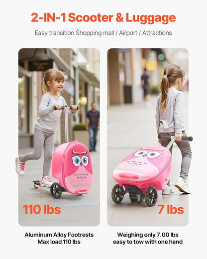VEVOR Ride-on Luggage, 20 L Capacity, 20 Inches Kids Scooter Suitcase with Flash PU Wheels, Adjustable Handle & TPR Non-Slip Grip, Foldable & Lightweight Scooter Luggage for Kids Aged 5+, Pink