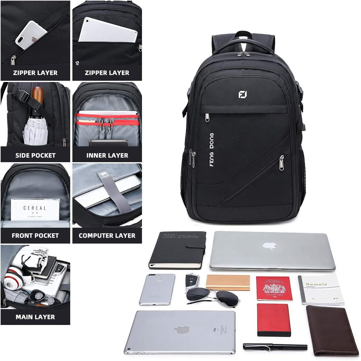 FENGDONG Durable Waterproof Travel Laptop Backpack 17.3 inch,Large College Backpack Bookbag for Men & Women Business Backpack with USB Charging Port and Headset Port Black