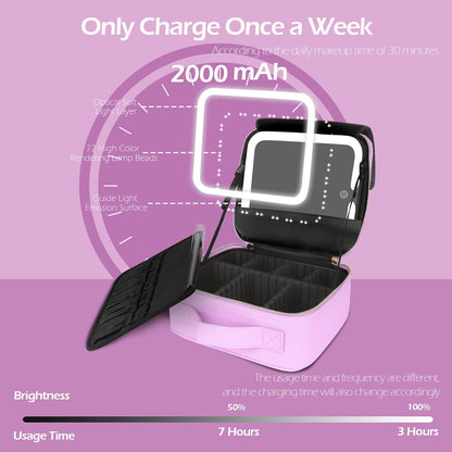 MOMIRA Travel Makeup Bag Cosmetic Bag Makeup Organizer Bag with Lighted Mirror, Adjustable Brightness in 3 Color Scenarios, Waterproof Makeup Train Case, Gift for Women - Purple