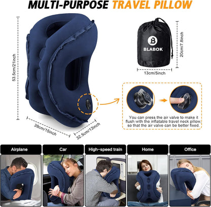 Inflatable Travel Pillow,Multifunction Travel Neck Pillow for Airplane to Avoid Neck and Shoulder Pain,Support Head,Neck,Used for Sleeping Rest, Airplane and Home Use,with Eye Mask, Earplugs,Blue
