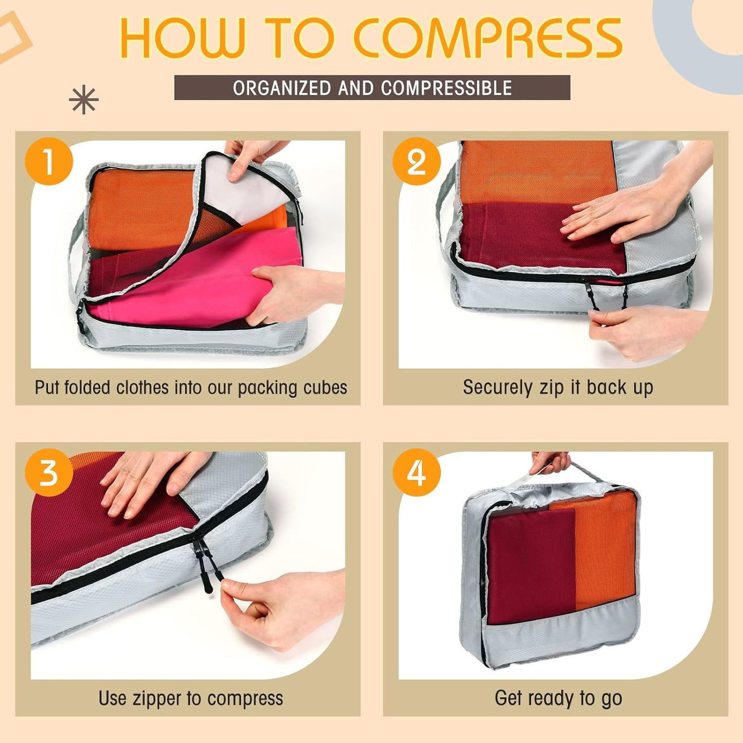 5 Pcs Packing Cubes for Suitcase Large Travel Cubes Carry on Luggage Organizer Bags for Clothes Accessories(Mixed,Apricot)