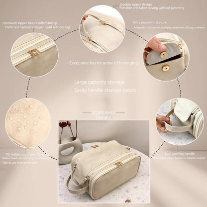 Travel Toiletry Bag for Women PU Triple-layer Double Zipper Toiletry Bags,Toiletries bag Women Waterproof with Handle Stowable Brushes, Toiletries Makeup for Business Trips Camping Bathroom Beige