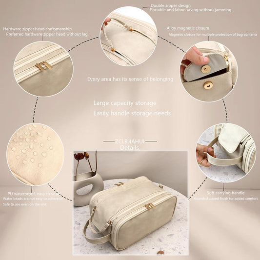 Travel Toiletry Bag for Women PU Triple-layer Double Zipper Toiletry Bags,Toiletries bag Women Waterproof with Handle Stowable Brushes, Toiletries Makeup for Business Trips Camping Bathroom Beige