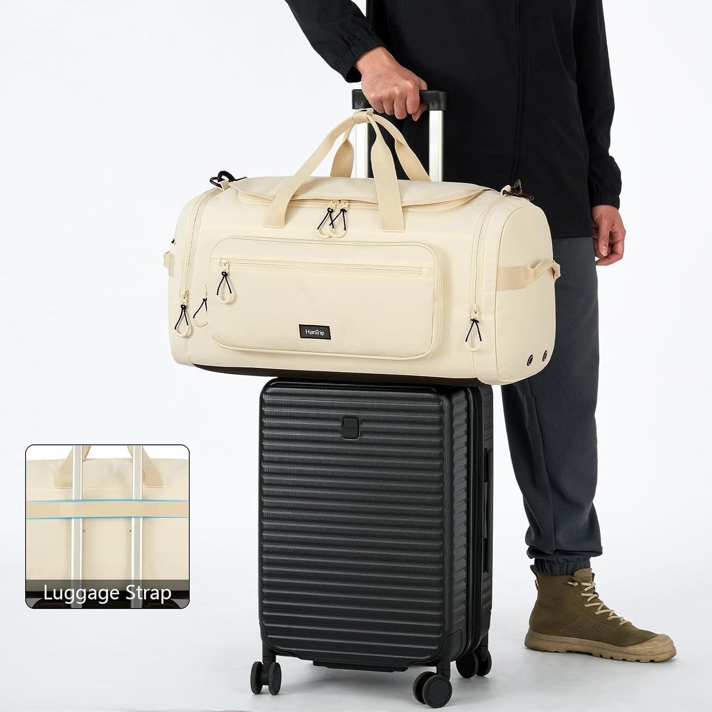 Large Travel Duffle Gym Bag with Shoe Compartment, Underseat Carry On Luggage Overnight Weekender Personal Item Workout Bags for Women Men (Offwhite)