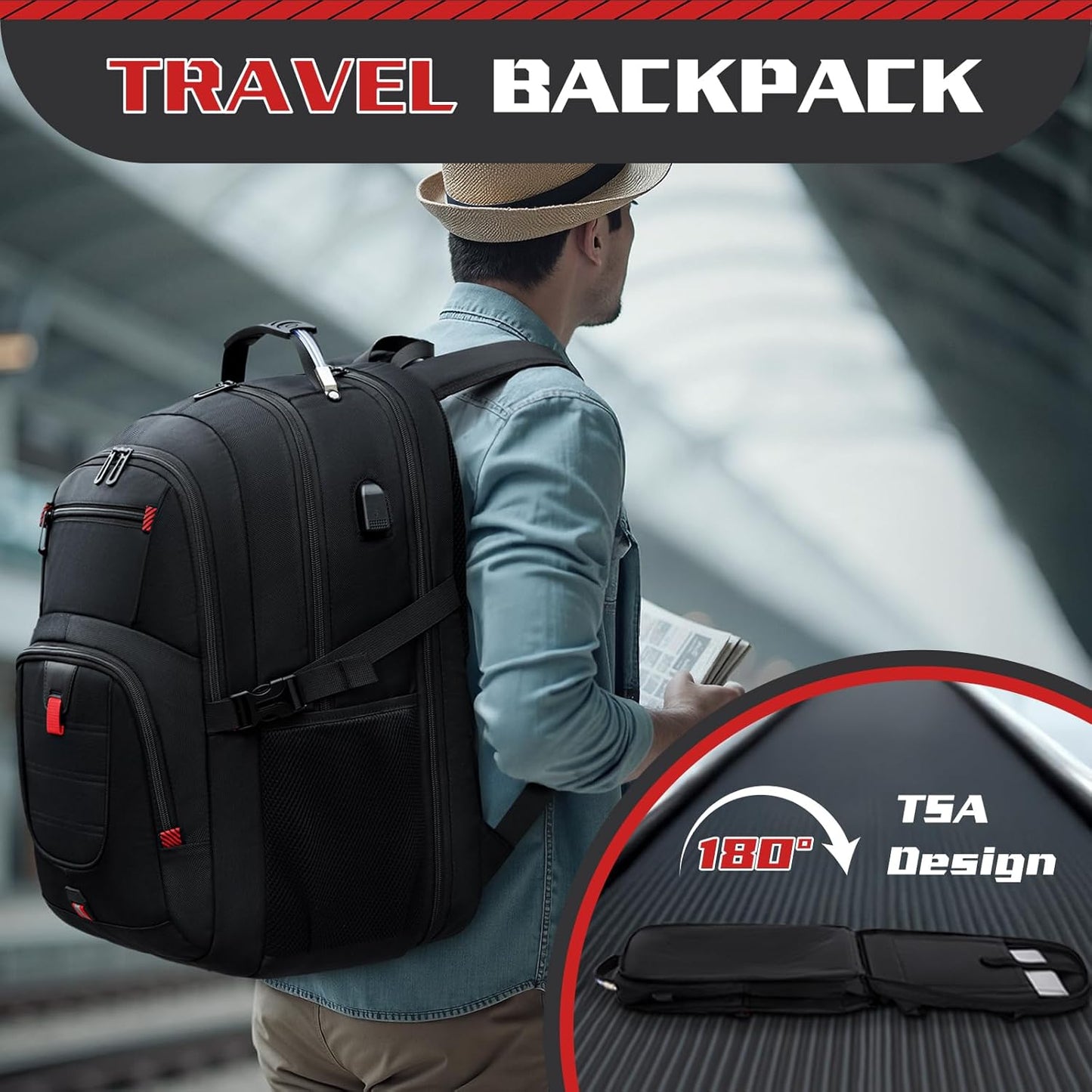 Extra Large 55L Travel Backpack, 18 inch Laptop Bag for Men, TSA Approved Heavy Duty with USB Charging Port, Anti Theft Rucksack for Business Work College, Black