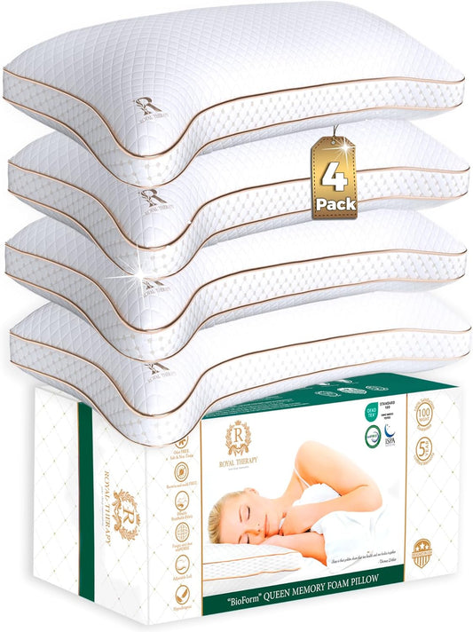 Royal Therapy King Pillows 4-Pack - Shredded Memory Foam Pillows for All Sleep Positions - Medium Firm Pillow with Adjustable, Bamboo Rayon Cover, CertiPUR-US, Oeko-TEX Certified
