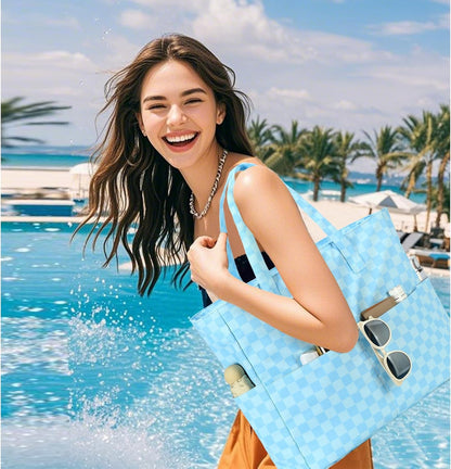 LEDAOU Beach Bag Waterproof Sandproof Women Tote Bag Pool Bag with Zipper for Gym Grocery Travel with Wet Pocket