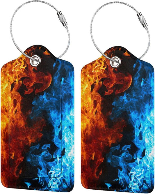 2-Pack Cool Ice and Fire Luggage Tags for Suitcases, Red and Blue Leather Baggage Tag with Loop, Cool Luggage Identifiers Name ID Card Cover Travel Bag Labels Set