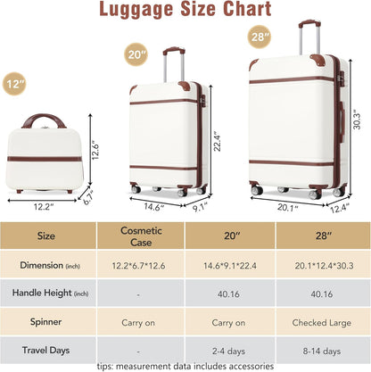 Merax Luggage Set 2 Piece Suitcase Set with Cosmetic Case Expandable Spinner Wheels Vintage Luggage Sets(White,20"+28")