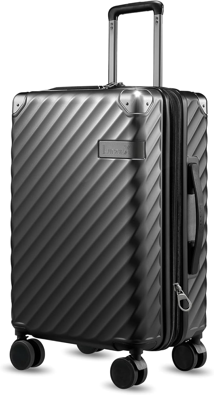 LUGGEX Luggage with Spinner Wheels, Polycarbonate Expandable Hard Shell Suitcase, Carry On 20 Inch, Black