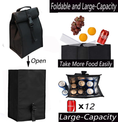 Insulated Foldable Lunch Bag With Ajustable Strap- Lightweight Portable Lunch Box for Men, Women, Office, Work, Picnic, Hiking and Beach (Black(Hard Fabric))