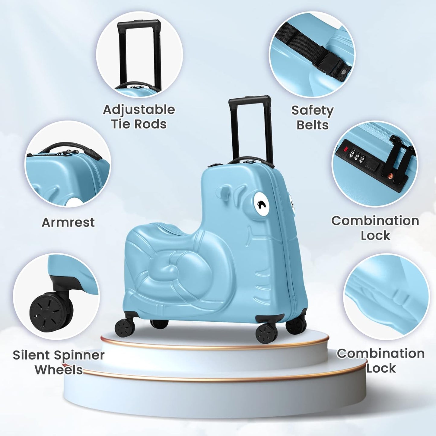 Kids Ride-on Luggage with Spinner Wheels Suitcase, Kid's Ride-On Suitcase Help Your Child Relax, Carry On Trolley Luggage with Password Lock (Blue, 22 inches)