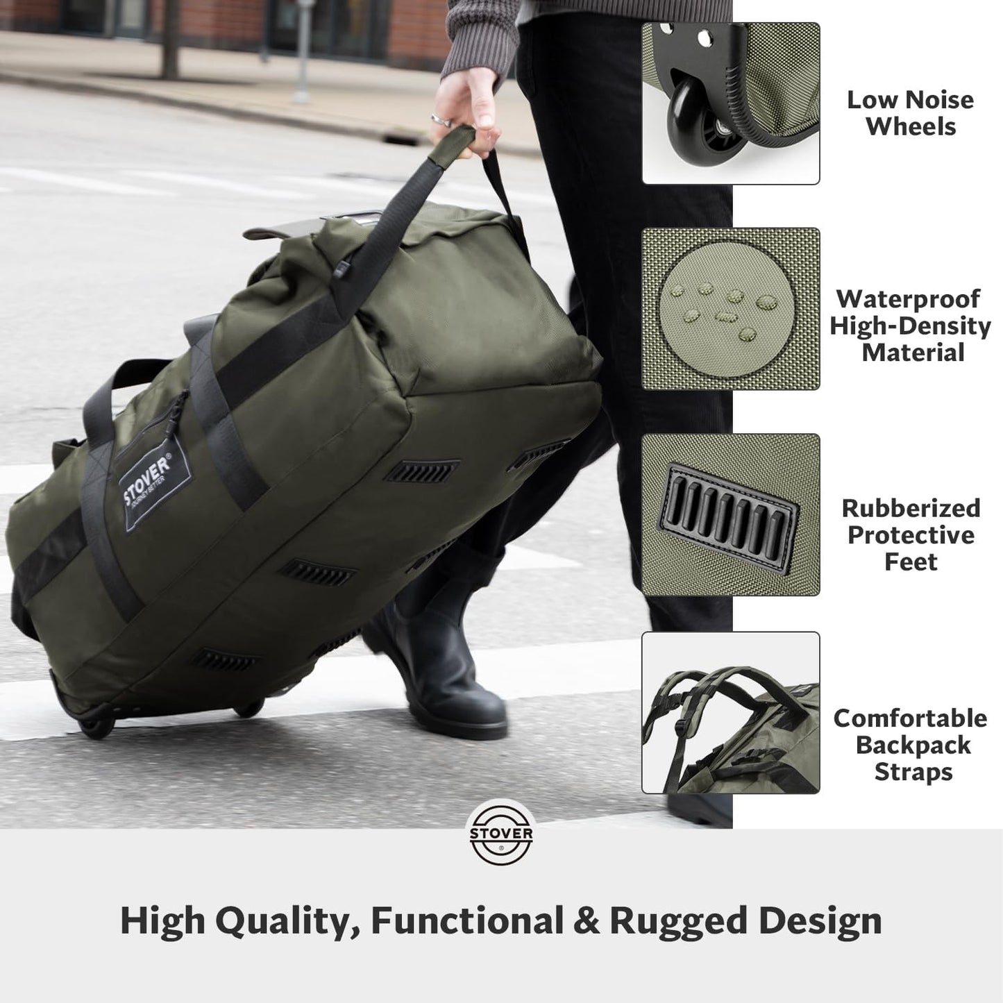 STOVER 100L Rolling Duffel Bag with Wheels, X-Large 35 Inch Durable Travel Duffle + Toiletry Bag, Heavy Duty, Packable w/Shoulder Straps- Use as Luggage or Backpack, Men/Women (Green)
